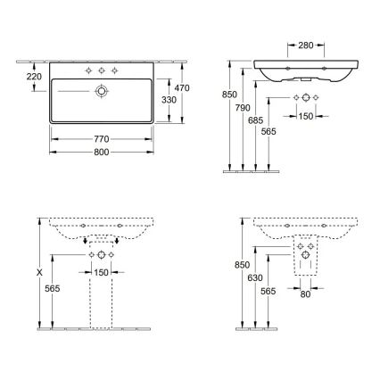 Villeroy & Boch 41568001 - Hangende wastafel AVENTO 80x47 cm keramiek/wit