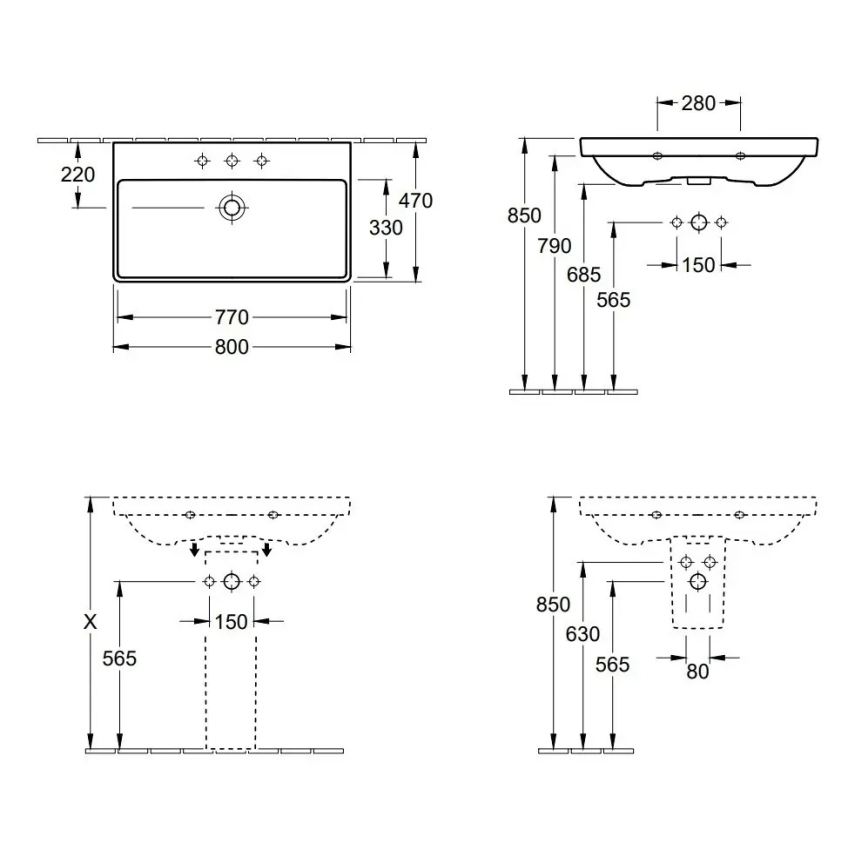 Villeroy & Boch 41568001 - Hangende wastafel AVENTO 80x47 cm keramiek/wit