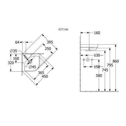 Villeroy & Boch 43714601 - Hoekige wandhangende wastafel SUBWAY 3.0 32 x 32 cm keramiek/wit