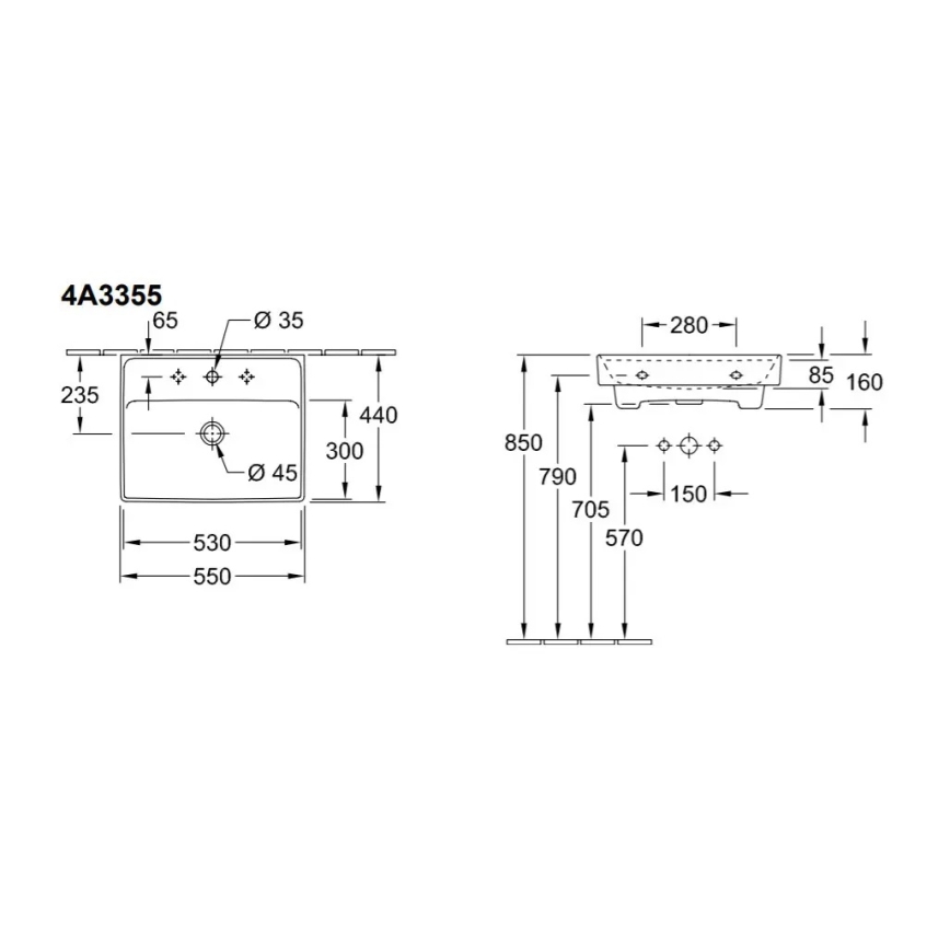 Villeroy & Boch 4A335501 - Wandgemonteerde wastafel COLLARO 55x44 cm keramiek/wit