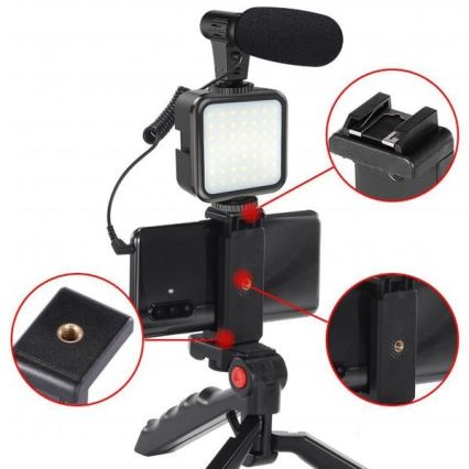 Vloggers Set 4in1 - Microfoon, LED Lamp, Driepoot, Telefoonhouder