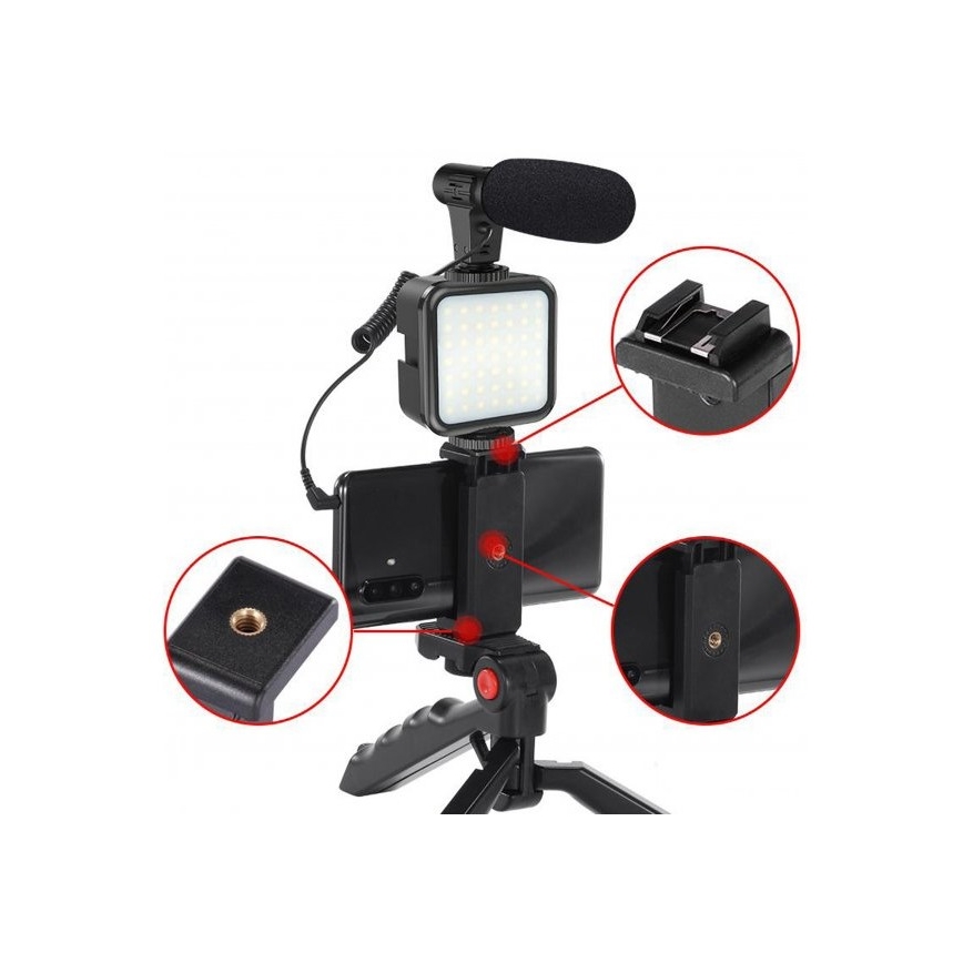 Vloggers Set 4in1 - Microfoon, LED Lamp, Driepoot, Telefoonhouder