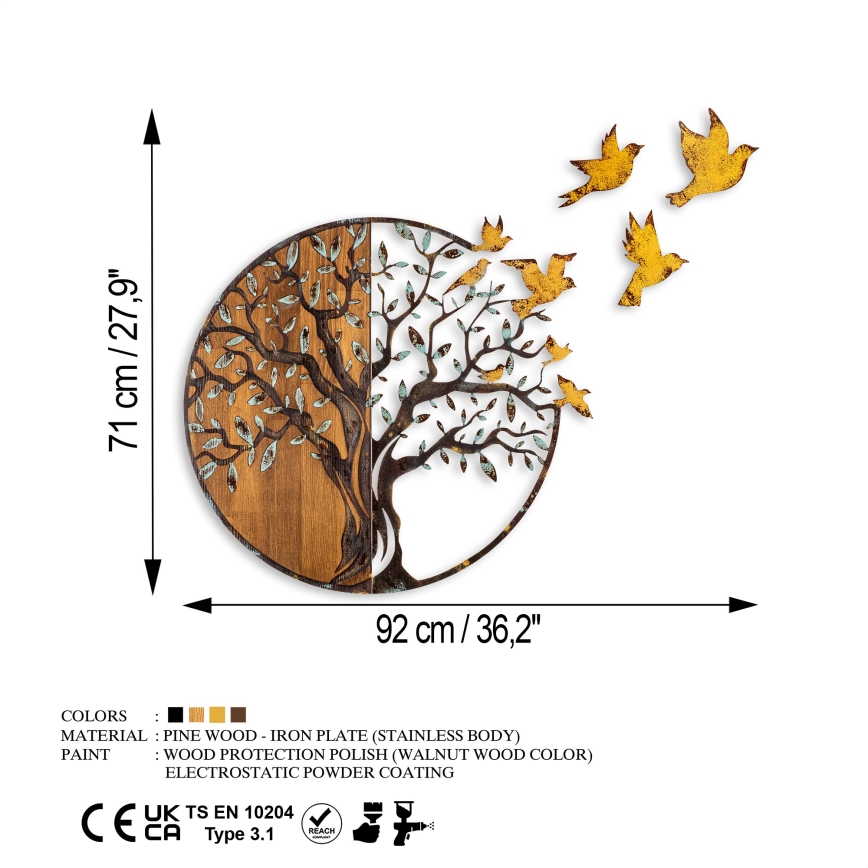 wand decoratie 92x71 cm boom en vogels hout/metaal