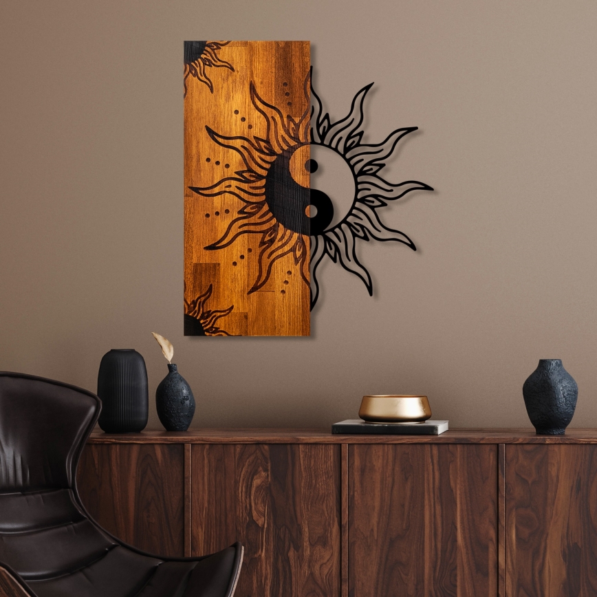 Wanddecoratie 50x58 cm jin jang hout/metaal ​