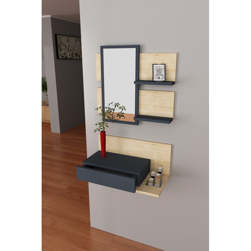 Wandplank + wall spiegel met een plank MIMOZA eiken/antraciet