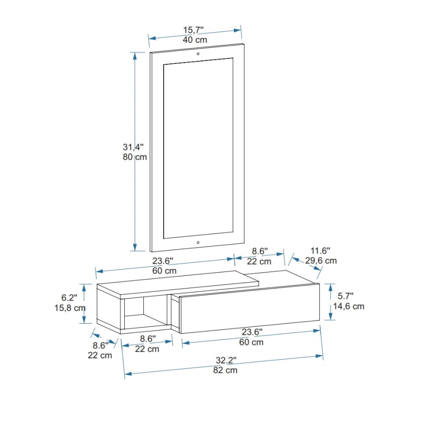 Wandplank + wall spiegel VIEN wit/grenen atlantic