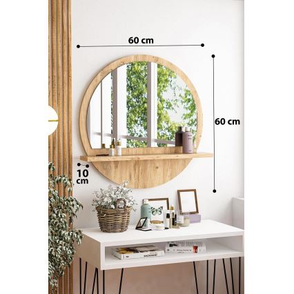 Wandspiegel met plank, diameter 60 cm, Atlantic dennenhout