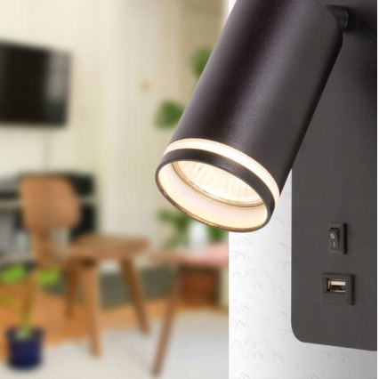 Wandspot met USB-oplader 1xGU10/35W/230V zwart
