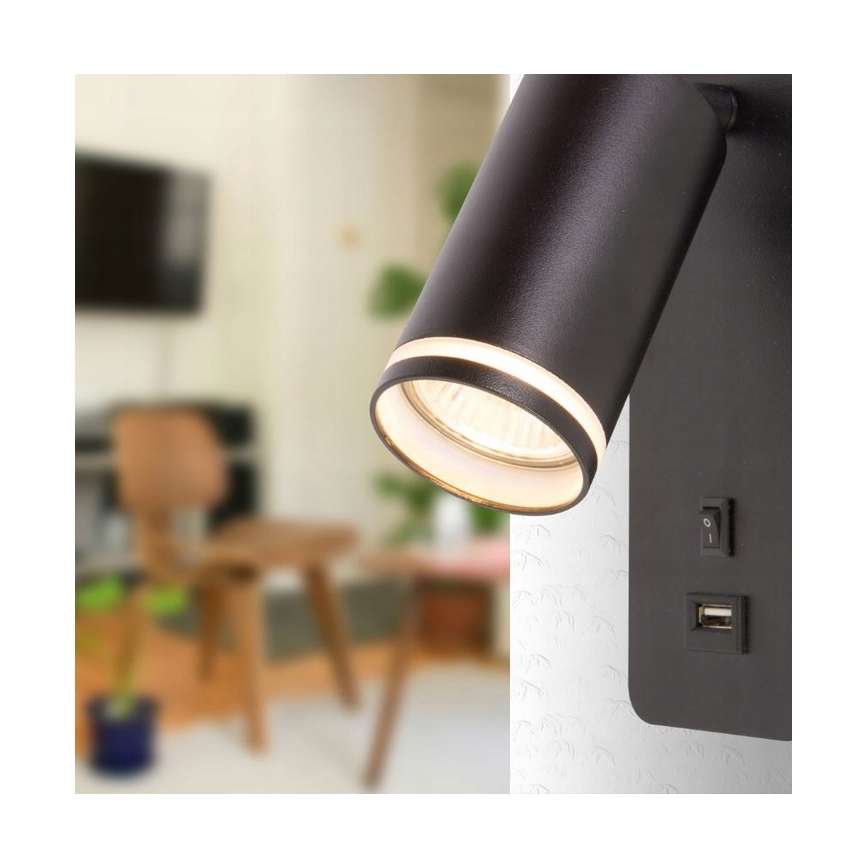 Wandspot met USB-oplader 1xGU10/35W/230V zwart