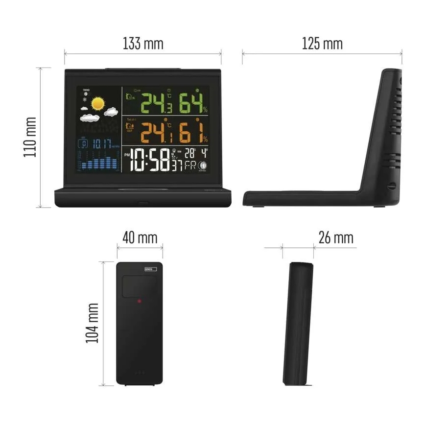 Weerstation met draadloos opladen 5V, 2xAA + 2xAAA, zwart