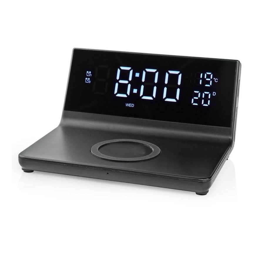 Wekker met LCD scherm en draadloze oplader 15W/230V + 1xCR2032 zwart