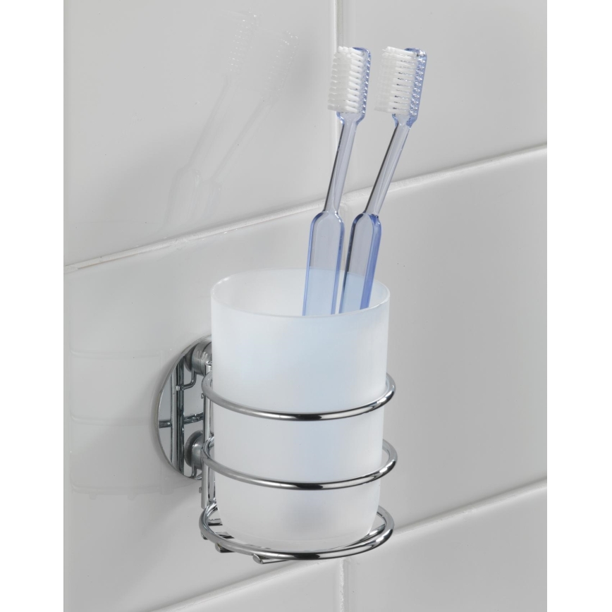 WENKO 18779100-Tandenborstelbeker TURBO-LOC ROND STAAL 7,5x9 cm glanschroom/wit