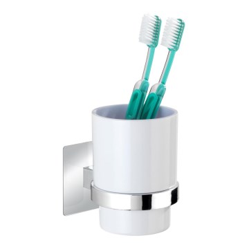 WENKO 23847800-Tandenborstelbeker TURBO-LOC QUADRO ED. 7x9,5 cm glanzend chroom/wit