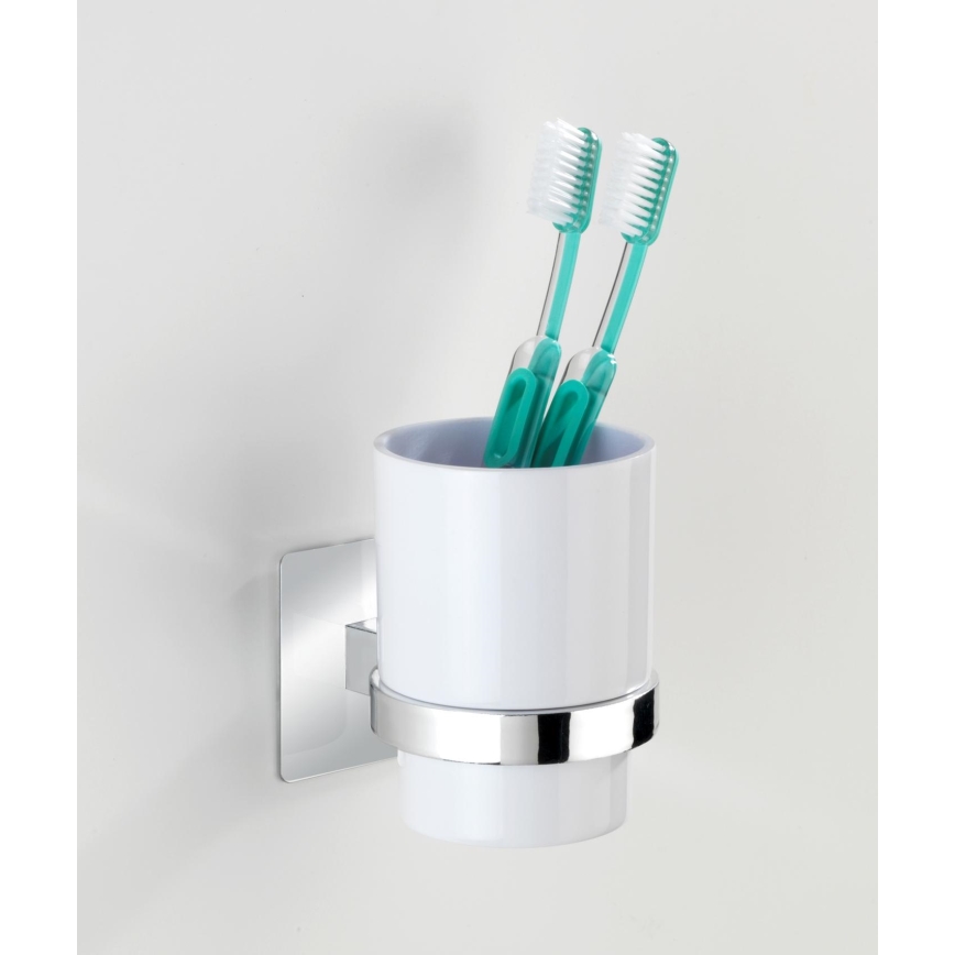 WENKO 23847800-Tandenborstelbeker TURBO-LOC QUADRO ED. 7x9,5 cm glanzend chroom/wit