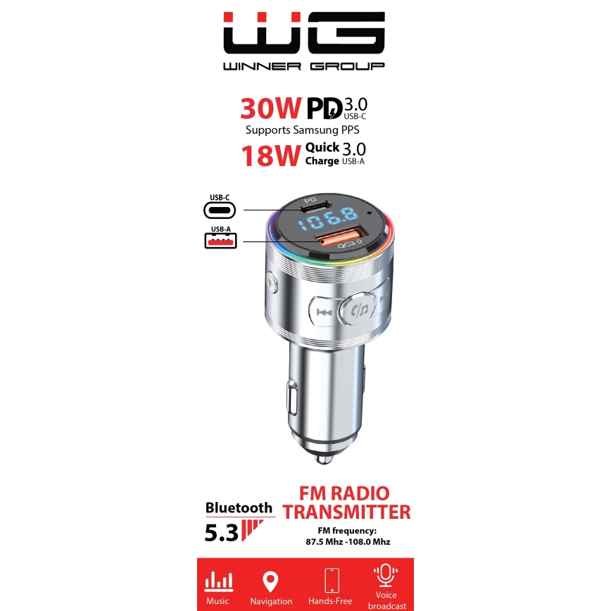 Winner Group - 20W autolader met FM-zender en handsfree-functie, zilver