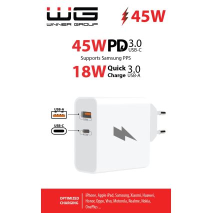Winner Group - Adapter voor snel opladen 1xUSB-C + 1xUSB-A Power Delivery 45W wit