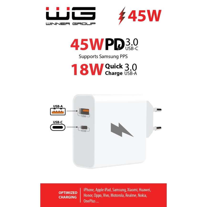 Winner Group - Adapter voor snel opladen 1xUSB-C + 1xUSB-A Power Delivery 45W wit