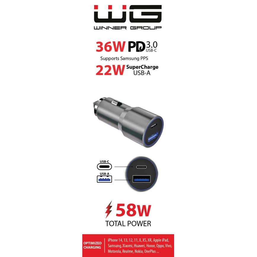 Winner Group - Autolader 1xUSB-C + 1xUSB-A Power Delivery 58,5W zilver