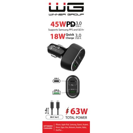 Winner Group - Autolader 1xUSB-C + 1xUSB-A Power Delivery 63W + USB-kabel USB-C / USB-C 1 m zwart