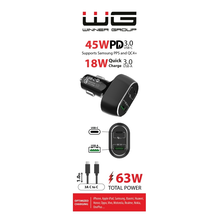 Winner Group - Autolader 1xUSB-C + 1xUSB-A Power Delivery 63W + USB-kabel USB-C / USB-C 1 m zwart