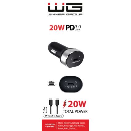Winner Group - Autolader 1xUSB-C Power Delivery 20W + USB-kabel USB-C / USB-C 1 m zwart