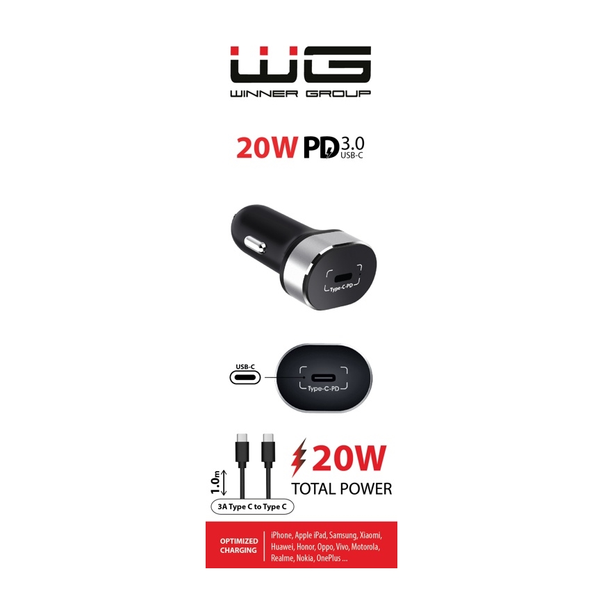 Winner Group - Autolader 1xUSB-C Power Delivery 20W + USB-kabel USB-C / USB-C 1 m zwart