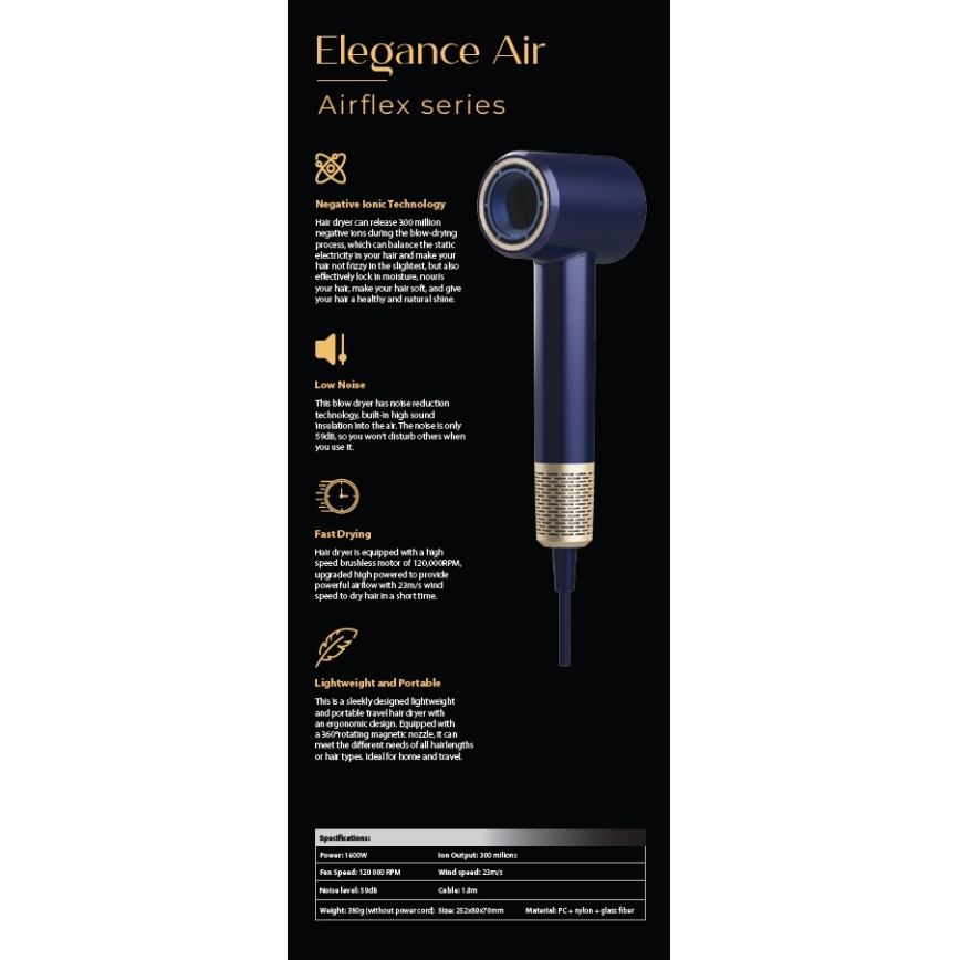Winner Group - Haardroger met ionisator Elegance Air 1600W/230V blauw SCHUKO