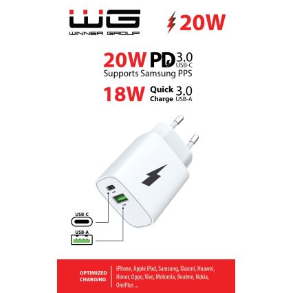 Winner Group - Snelle oplader 1x USB-C + 1x USB-A Power Delivery 20W wit