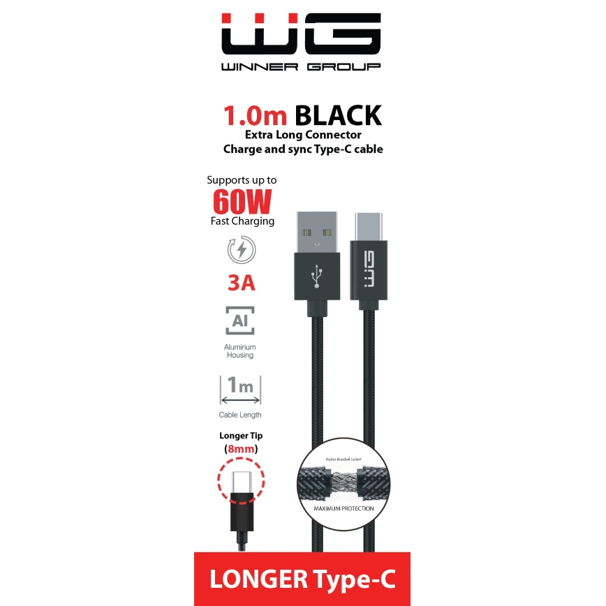 Winner Group - USB-kabel met verlengde connector USB-C / USB-A 60W 1m zwart