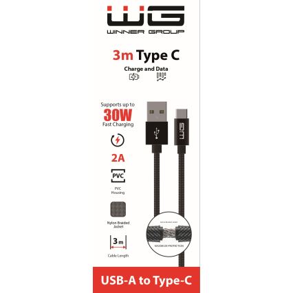 Winner Group - USB-kabel USB-C naar USB-A, 30W, 3 m, zwart
