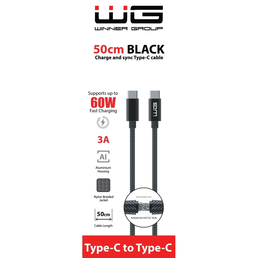 Winner Group - USB-kabel USB-C / USB-C 60W 50cm zwart