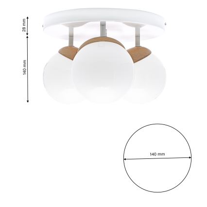 Witte Opbouw plafondlamp SFERA WOOD 3x E14 / 40W / 230V