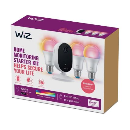 WiZ-Set voor toezicht houden op het huishouden:1xcamera+ 3xLED RGB Lamp 8,5W/230V Wi-Fi