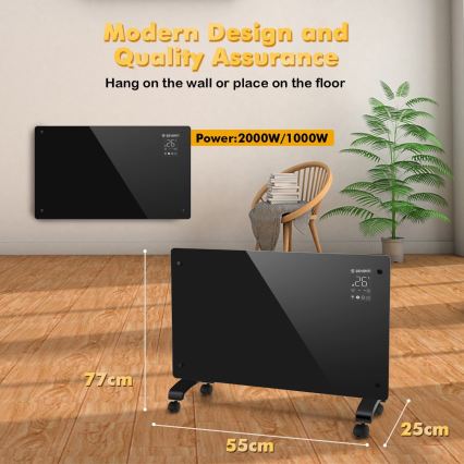 ZEVENTI - Slimme wandgemonteerde elektrische directe kachel/convector met LCD-display 1000/2000W/230V Wi-Fi zwart