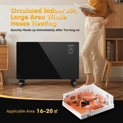 ZEVENTI - Slimme wandgemonteerde elektrische directe kachel/convector met LCD-display 1000/2000W/230V Wi-Fi zwart