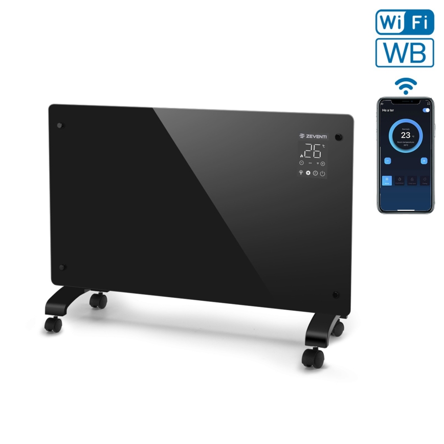 ZEVENTI - Slimme wandgemonteerde elektrische directe kachel/convector met LCD-display 1000/2000W/230V Wi-Fi zwart