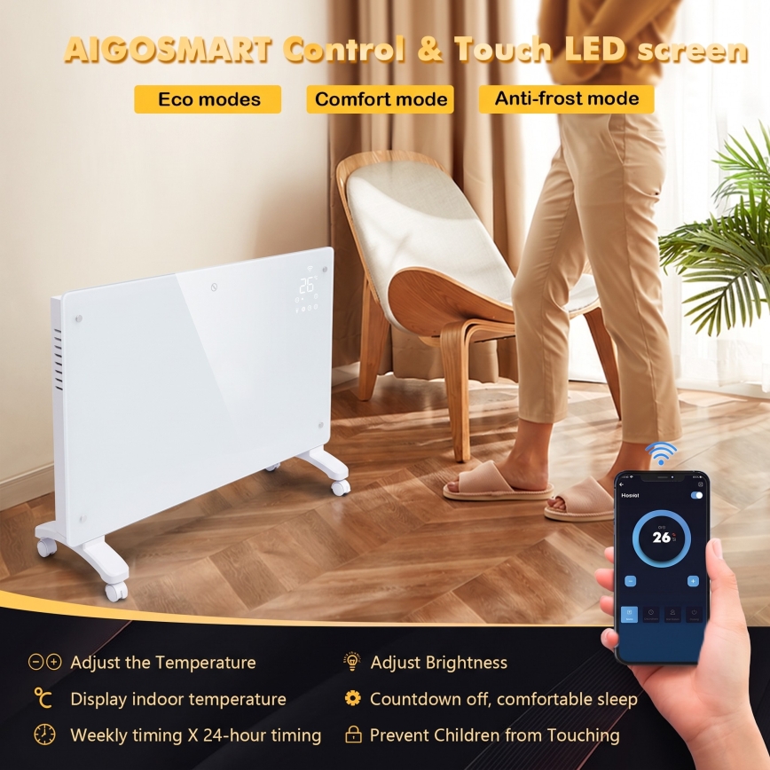 ZEVENTI - Slimme wandgemonteerde elektrische directe verwarming/convectorkachel met LCD-display 1000/2000W/230V Wi‑Fi wit