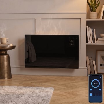 ZEVENTI - Slimme wandgemonteerde elektrische directe kachel/convector met LCD-display 1000/2000W/230V Wi-Fi zwart