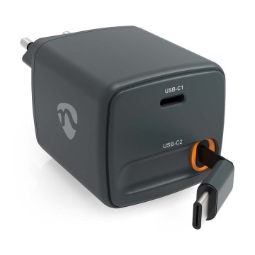 Zwarte 30 W USB Power Delivery-oplader met intrekbare kabel en 2x USB-C-poorten